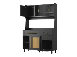 Aparador alto de cozinha - 120 x 45 x 195,5 cm - com prateleiras ajustáveis + 3 gavetas + 3 portas + LEDs - MDF + rattan PE - preto
