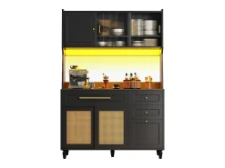 Aparador alto de cozinha - 120 x 45 x 195,5 cm - com prateleiras ajustáveis + 3 gavetas + 3 portas + LEDs - MDF + rattan PE - preto