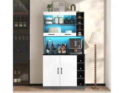 Aparador alto de cozinha - 100 x 47 x 187 cm - com LEDs + 4 portas + prateleiras ajustáveis - MDF + Acrílico - branco