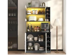 Aparador alto de cozinha - 100 x 47 x 187 cm - com LEDs + 4 portas + prateleiras ajustáveis - MDF + Acrílico - branco