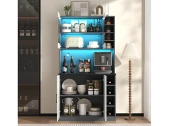 Aparador alto de cozinha - 100 x 47 x 187 cm - com LEDs + 4 portas + prateleiras ajustáveis - MDF + Acrílico - branco