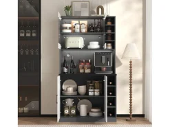 Aparador alto de cozinha - 100 x 47 x 187 cm - com LEDs + 4 portas + prateleiras ajustáveis - MDF + Acrílico - branco