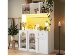 Aparador alto de cozinha - 120 x 35 x 167 cm - com prateleiras reguláveis + 3 portas + 1 gaveta + LEDs - MDF + PB - branco
