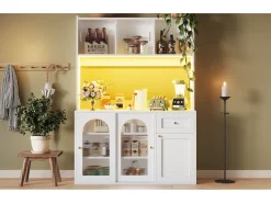 Aparador alto de cozinha - 120 x 35 x 167 cm - com prateleiras reguláveis + 3 portas + 1 gaveta + LEDs - MDF + PB - branco