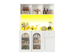 Aparador alto de cozinha - 120 x 35 x 167 cm - com prateleiras reguláveis + 3 portas + 1 gaveta + LEDs - MDF + PB - branco
