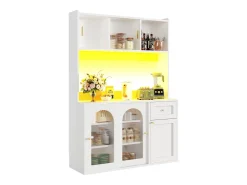 Aparador alto de cozinha - 120 x 35 x 167 cm - com prateleiras reguláveis + 3 portas + 1 gaveta + LEDs - MDF + PB - branco