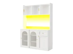 Aparador alto de cozinha - 120 x 35 x 167 cm - com prateleiras reguláveis + 3 portas + 1 gaveta + LEDs - MDF + PB - branco