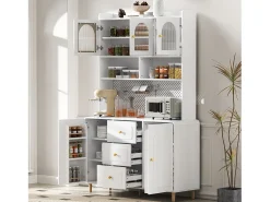 Aparador alto de cozinha - 140 x 40 x 190 cm - com 3 gavetas + 5 portas + prateleiras - MDF - branco