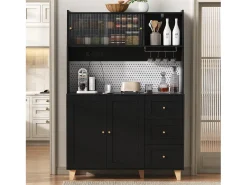 Aparador alto de cozinha com tomadas e painel perfurado - 120 x 40 x 184 cm - com portas + 3 gavetas + prateleira - MDF - preto