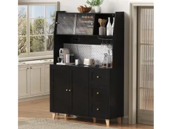 Aparador alto de cozinha com tomadas e painel perfurado - 120 x 40 x 184 cm - com portas + 3 gavetas + prateleira - MDF - preto