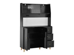 Aparador alto de cozinha com tomadas e painel perfurado - 120 x 40 x 184 cm - com portas + 3 gavetas + prateleira - MDF - preto