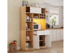 Aparador alto de cozinha com LEDs - 115 x 35 x 180 cm - com 1 gaveta + 3 portas + prateleiras - aglomerado - branco + natural