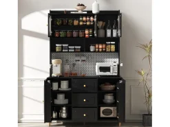 Aparador alto de cozinha - 140 x 40 x 190 cm - com 3 gavetas + 5 portas + prateleiras - MDF - preto