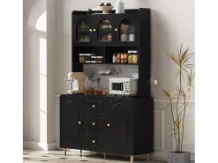 Aparador alto de cozinha - 140 x 40 x 190 cm - com 3 gavetas + 5 portas + prateleiras - MDF - preto