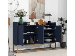 Aparador baixo 4 portas - Madeira MDF e pés de metal - Estilo moderno - Cor azul - 120 x 30 x 80 cm