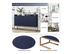 Aparador baixo 4 portas - Madeira MDF e pés de metal - Estilo moderno - Cor azul - 120 x 30 x 80 cm