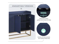 Aparador baixo 4 portas - Madeira MDF e pés de metal - Estilo moderno - Cor azul - 120 x 30 x 80 cm