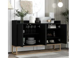 Aparador baixo 4 portas - Madeira MDF e pés de metal - Estilo moderno - Cor preta - 120 x 30 x 80 cm