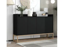 Aparador baixo 4 portas - Madeira MDF e pés de metal - Estilo moderno - Cor preta - 120 x 30 x 80 cm