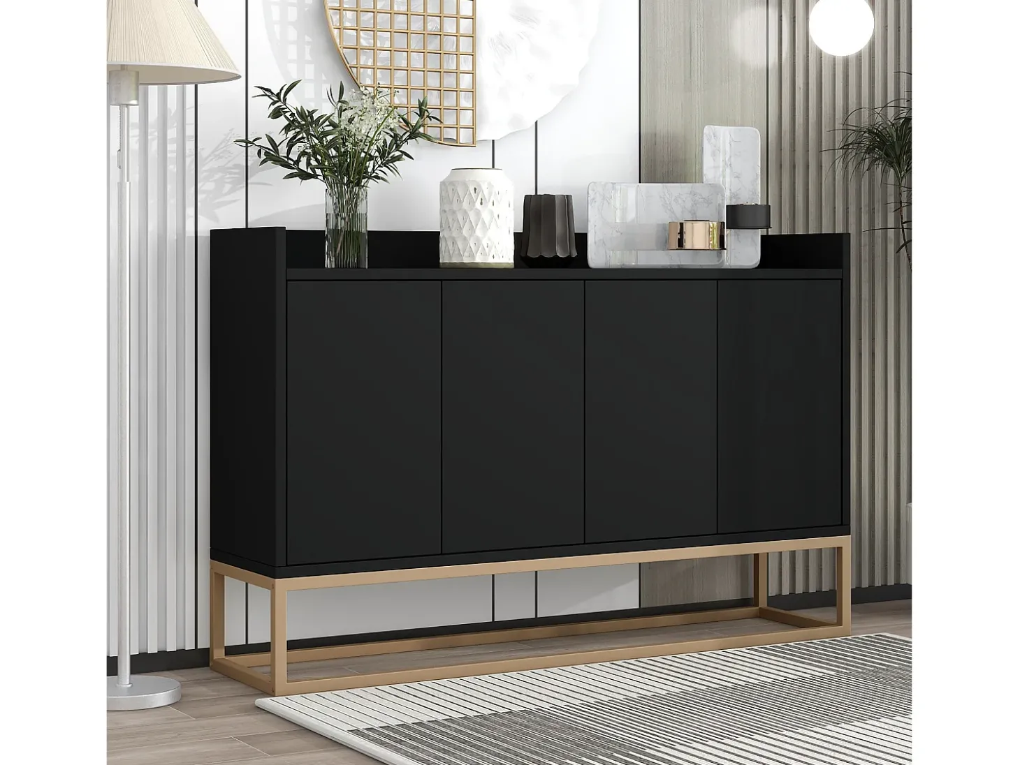 Aparador baixo 4 portas - Madeira MDF e pés de metal - Estilo moderno - Cor preta - 120 x 30 x 80 cm