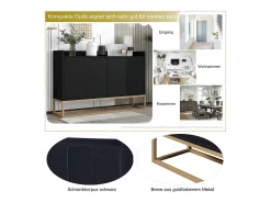 Aparador baixo 4 portas - Madeira MDF e pés de metal - Estilo moderno - Cor preta - 120 x 30 x 80 cm