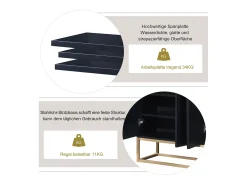 Aparador baixo 4 portas - Madeira MDF e pés de metal - Estilo moderno - Cor preta - 120 x 30 x 80 cm