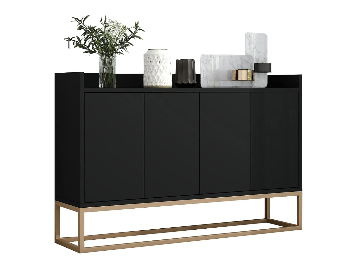 Aparador baixo 4 portas - Madeira MDF e pés de metal - Estilo moderno - Cor preta - 120 x 30 x 80 cm