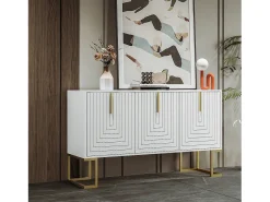 Aparador baixo 3 portas com prateleiras reguláveis - 138x40x80,5cm - Madeira MDF e metal dourado - Branco