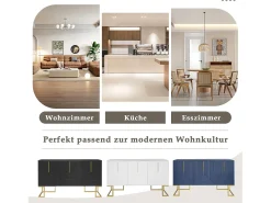 Aparador baixo 3 portas com prateleiras reguláveis - 138x40x80,5cm - Madeira MDF e metal dourado - Branco