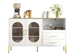Aparador com 2 gavetas e 2 portas de vidro - 140 x 38 x 90 cm - muito espaço de armazenamento - MDF - branco