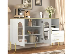 Aparador com 2 gavetas e 2 portas de vidro - 140 x 38 x 90 cm - muito espaço de armazenamento - MDF - branco