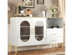 Aparador com 2 gavetas e 2 portas de vidro - 140 x 38 x 90 cm - muito espaço de armazenamento - MDF - branco