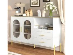 Aparador com 2 gavetas e 2 portas de vidro - 140 x 38 x 90 cm - muito espaço de armazenamento - MDF - branco