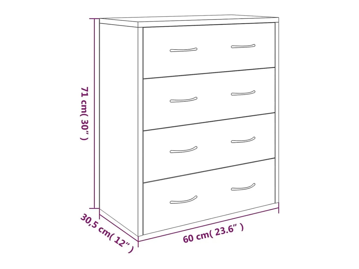 Aparador com 4 gavetas 60x30,5x71 cm branco brilhante