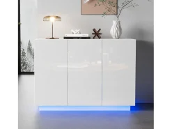 Aparador com 3 portas - 120 x 40 x 75 cm - LEDs - Aglomerado - Branco brilhante