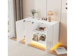 Aparador com 3 portas - 120 x 40 x 75 cm - LEDs - Aglomerado - Branco brilhante