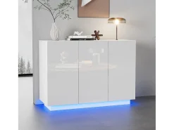 Aparador com 3 portas - 120 x 40 x 75 cm - LEDs - Aglomerado - Branco brilhante