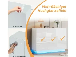 Aparador com 3 portas - 120 x 40 x 75 cm - LEDs - Aglomerado - Branco brilhante