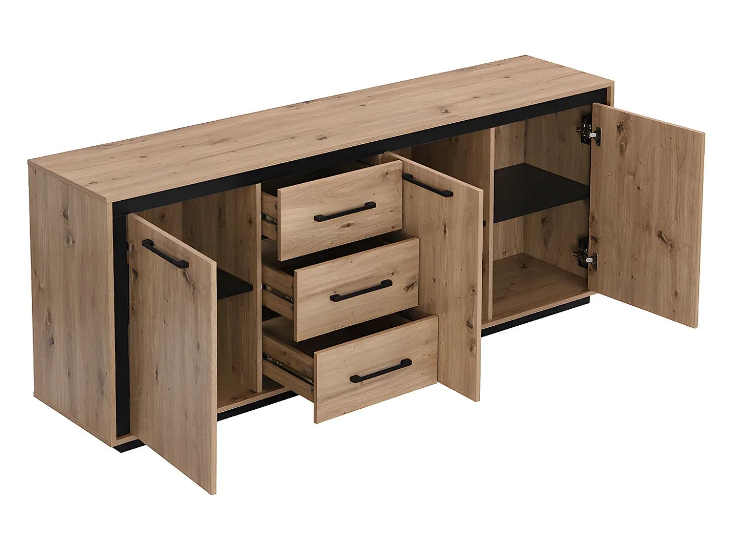 Aparador com 3 portas e 3 gavetas em MDF - Natural e preto - NALAMANE