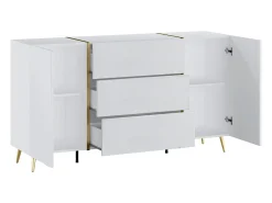Aparador com 2 portas e 3 gavetas - Branco brilhante e dourado - MARZIALO