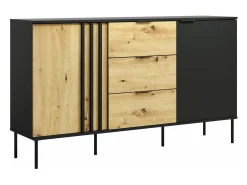 Aparador com 2 portas e 3 gavetas preto e natural - TUNALO