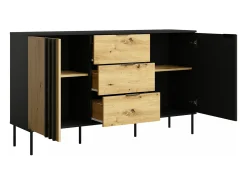 Aparador com 2 portas e 3 gavetas preto e natural - TUNALO