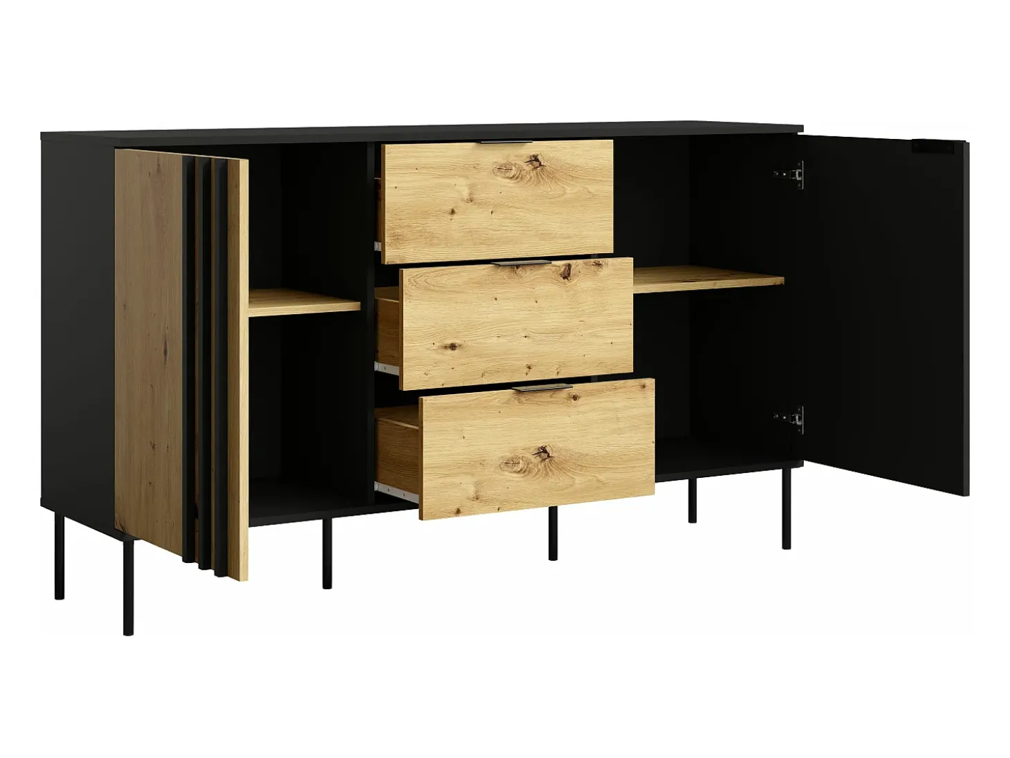 Aparador com 2 portas e 3 gavetas preto e natural - TUNALO