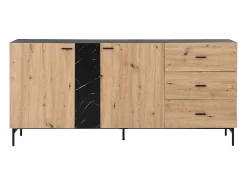 Aparador com 2 portas e 3 gavetas MDF cor natural e efeito mármore preto - LIOMENA