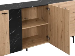 Aparador com 2 portas e 3 gavetas MDF cor natural e efeito mármore preto - LIOMENA