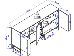 Aparador com 3 portas e 3 gavetas em MDF - Natural e preto - CARATANA