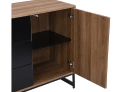 Aparador com 3 portas e 3 gavetas em MDF - Natural e preto - CARATANA