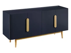 Aparador com 4 portas em MDF e madeira de seringueira - Azul e Natural Claro - DUNELON