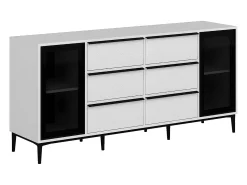 Aparador com 2 portas em vidro temperado e 6 gavetas branco e preto - MOLINIA