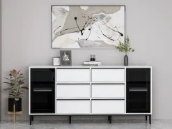 Aparador com 2 portas em vidro temperado e 6 gavetas branco e preto - MOLINIA